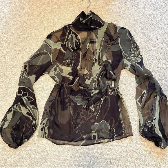 Escada Olive Multicolour 100% Silk Ruffle Blouse - EU 34 - Picture 9 of 16